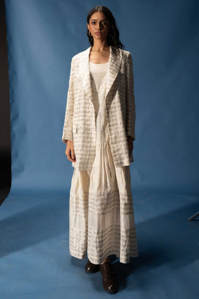 Subtle Shuttle Studio Silver zari handwoven double-breasted blazer SUBTJUN26D146449