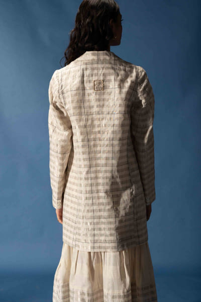 Subtle Shuttle Studio Silver zari handwoven double-breasted blazer SUBTJUN26D146449