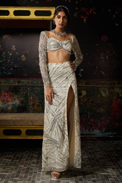 Ivory and silver embellished slit skirt set