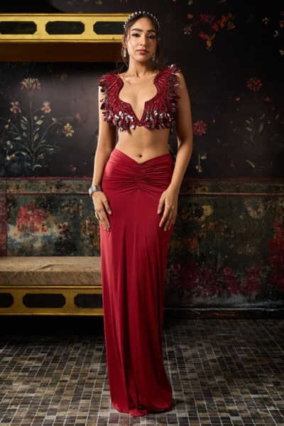 Deep red draped skirt set
