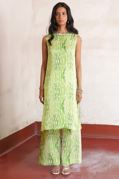 Lime green printed and embroidered kurta