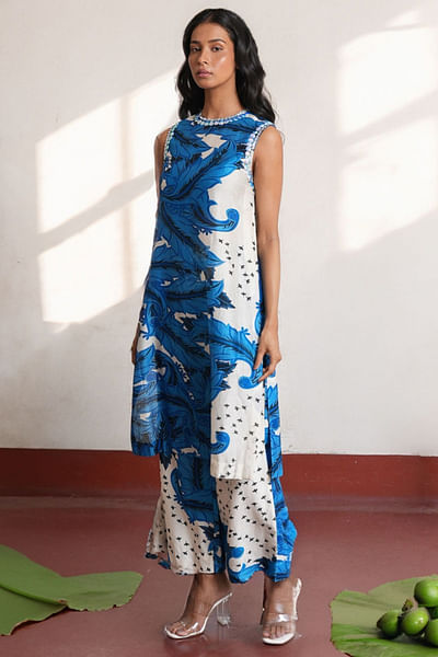 Blue and ivory feather printed kurta