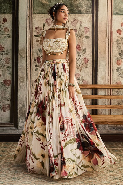 Ivory floral print lehenga set