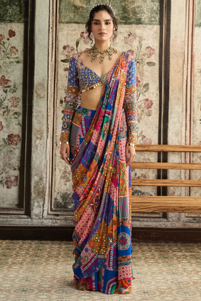 Multicolour printed sharara sari set