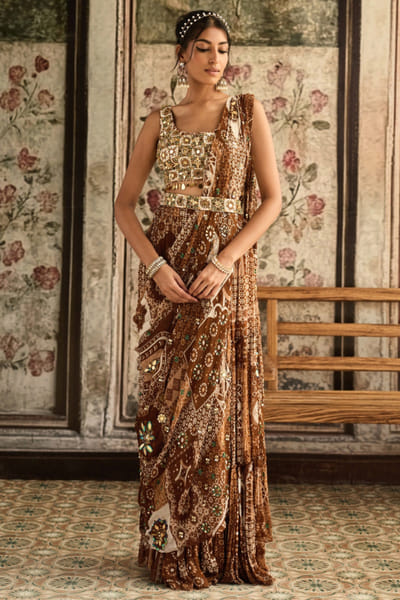 Caramel printed draped sari set