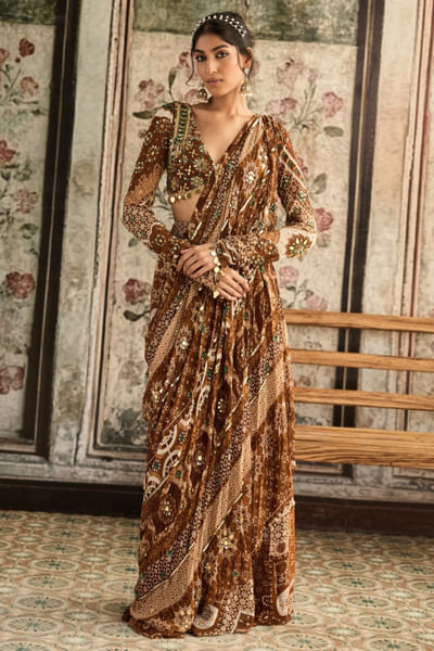 Caramel printed sharara sari set