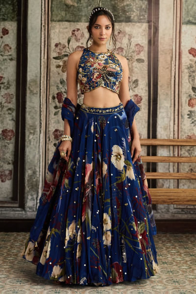 Blue floral print embroidered lehenga set