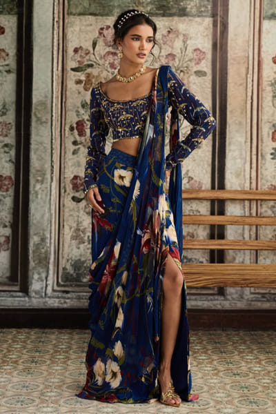 Blue floral printed pre-draped skirt sari set