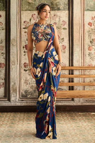 DiyaRajvvir Blue floral print pre-draped skirt sari set DIYAUG25D232556