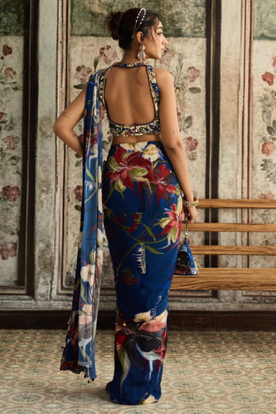 DiyaRajvvir Blue floral print pre-draped skirt sari set DIYAUG25D232556