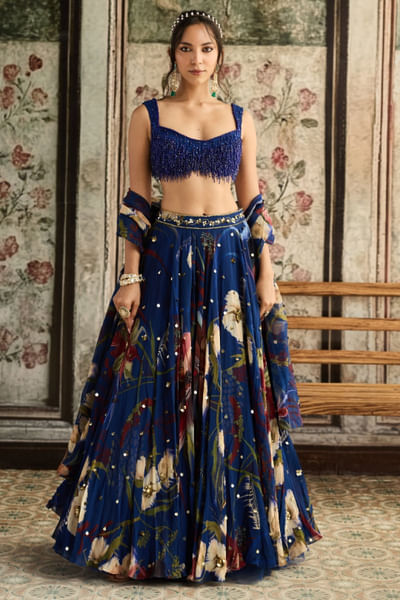 Blue floral printed lehenga set