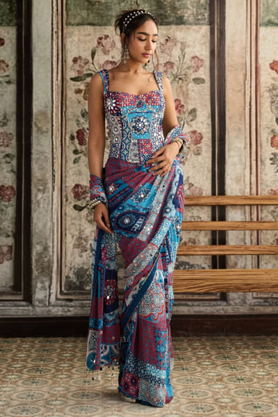 Teal printed corset and pre-draped sari set