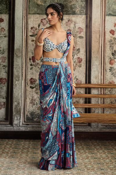 Teal printed pre-draped gharara sari set