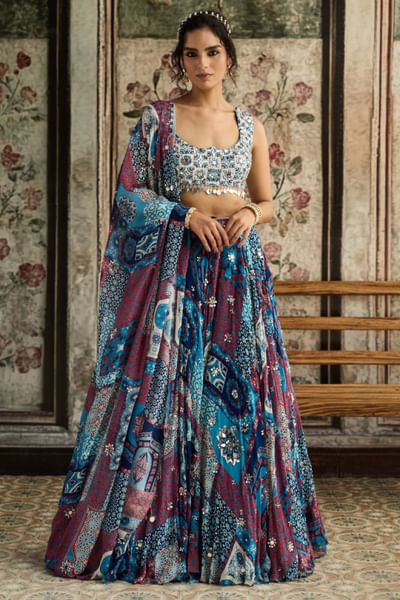 Teal and ivory abstract printed lehenga set