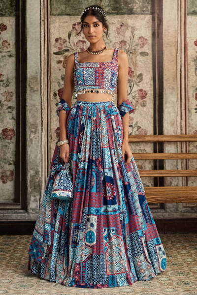 Teal jaal printed lehenga set
