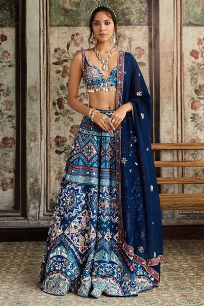 Teal printed lehenga set