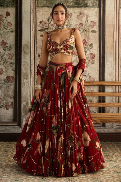 Red floral printed lehenga set