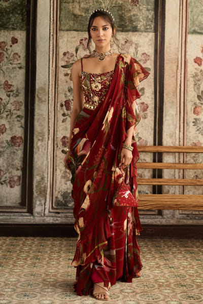 DiyaRajvvir Red floral print-ruffle drape skirt sari set DIYAUG25D232569