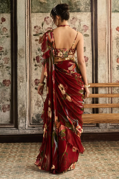 DiyaRajvvir Red floral print-ruffle drape skirt sari set DIYAUG25D232569