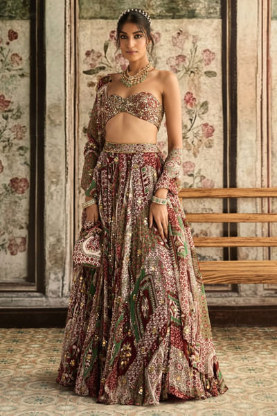Sage and maroon print embroidered lehenga set