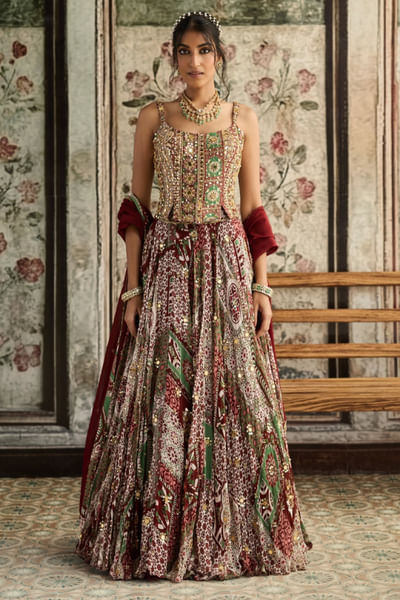 Sage and maroon printed corset and lehenga set