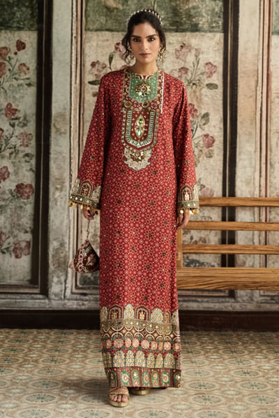 Sage and maroon print-embroidered kaftan