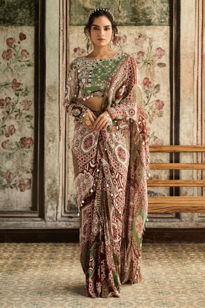 Sage and maroon printed dhoti sari set