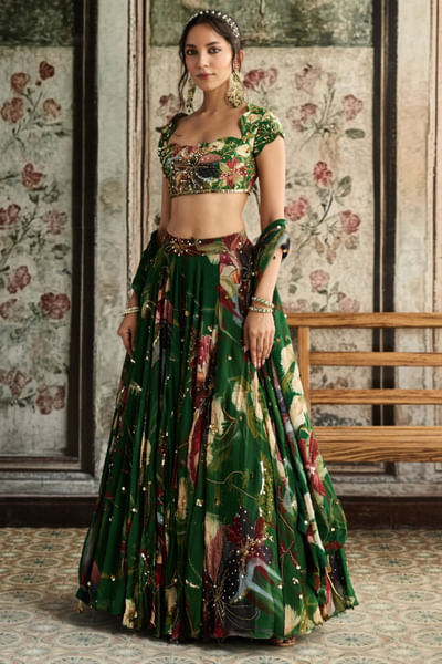 Green floral printed lehenga set