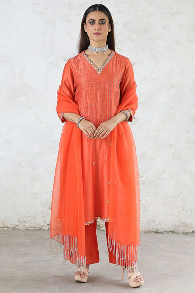 Orange zari and gota embroidered kurta set