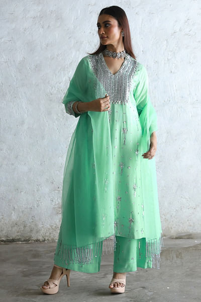 Mint floral gota sequin embroidered kurta set