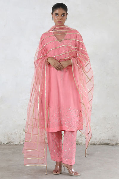 Flamingo pink aari embroidered kurta set