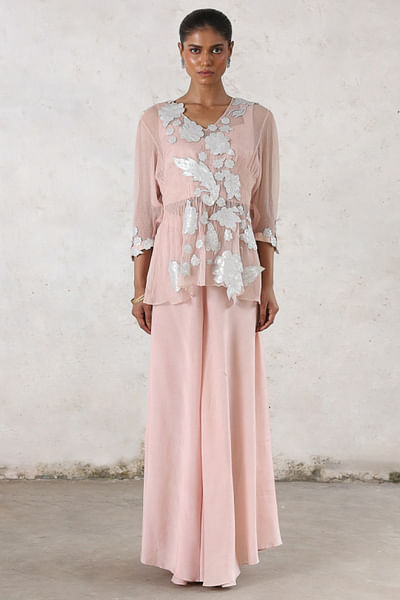 Pink floral gota appliqué top and sharara set