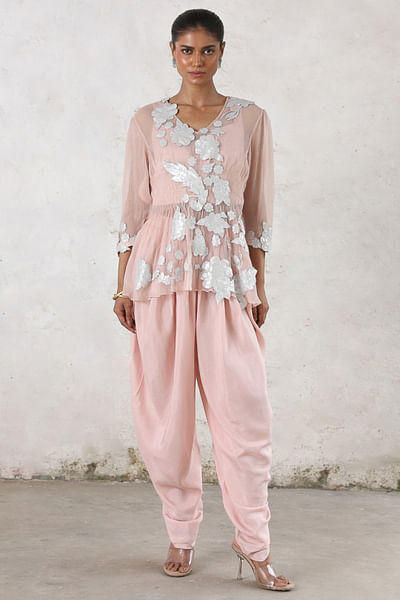 Pink floral gota appliqué top and dhoti pants