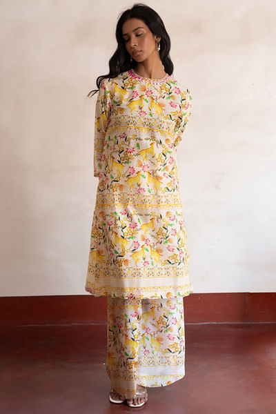 Pastel yellow flora fauna printed kurta set