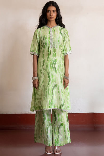 Green printed and embroidered kurta set