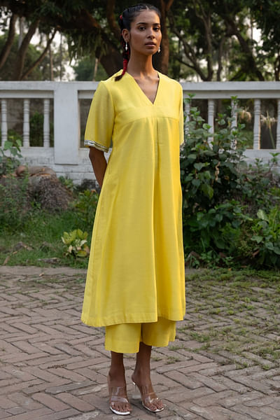 Yellow sequin embroidered kurta set