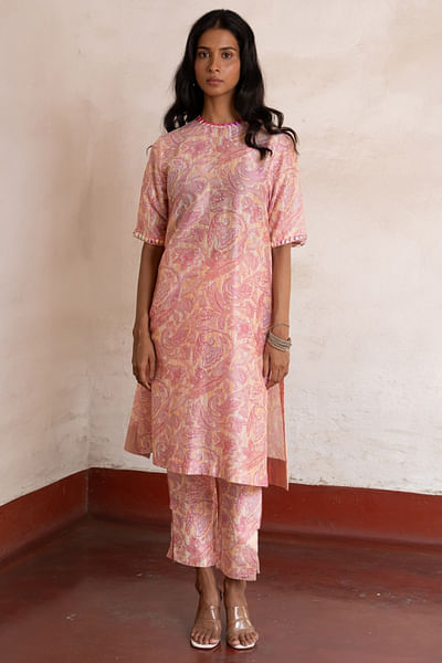 Pink and peach floral printed kurta set