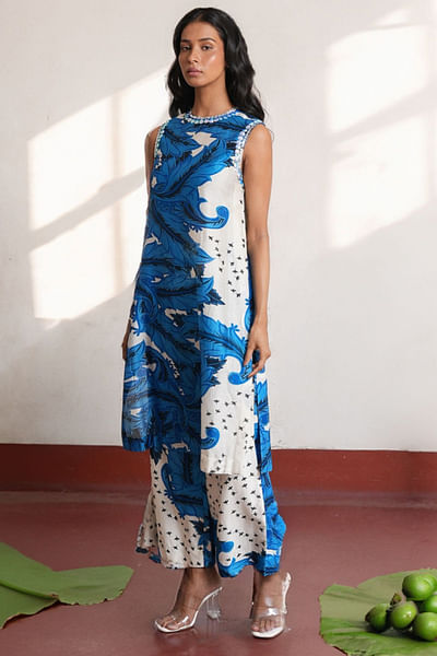 Blue and ivory feather printed kurta set