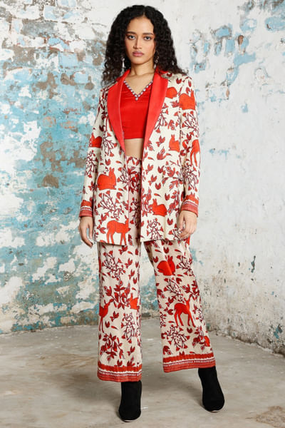 Red and beige printed blazer set