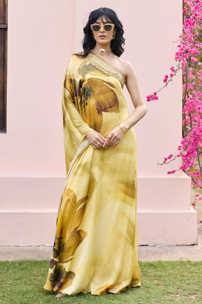 DiyaRajvvir Butter yellow floral printed kaftan set DIYAJUN26D147199
