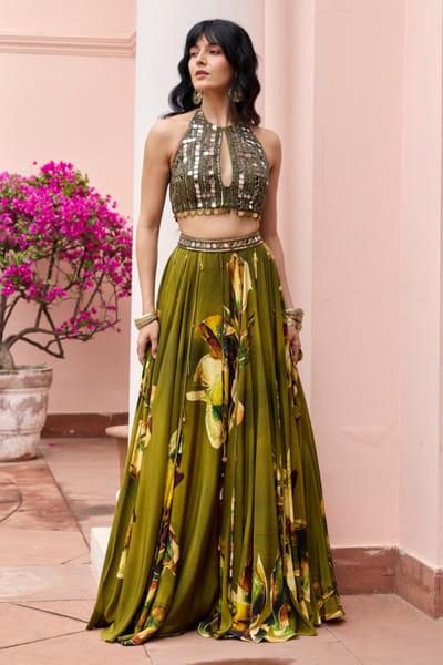 DiyaRajvvir Matcha green floral printed lehenga set DIYAJUN26D147204