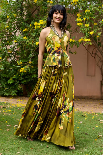 DiyaRajvvir Matcha green floral-printed lehenga set DIYAJUN26D147205