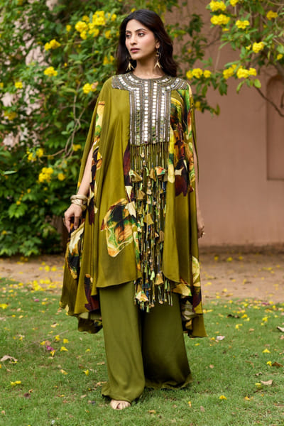DiyaRajvvir Matcha green floral printed kaftan set DIYAJUN26D147207