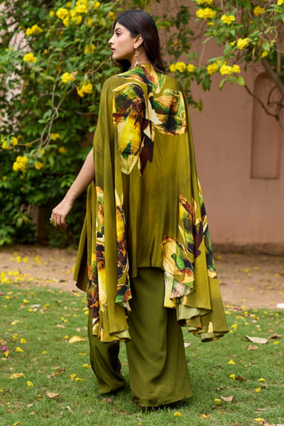 DiyaRajvvir Matcha green floral printed kaftan set DIYAJUN26D147207