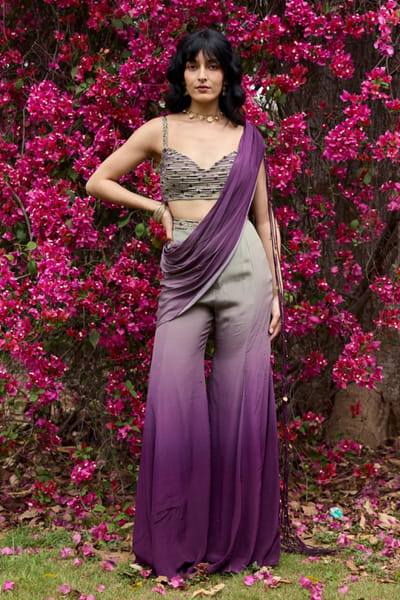 DiyaRajvvir Plum and grey ombre draped pant-sari set DIYAJUN26D147208