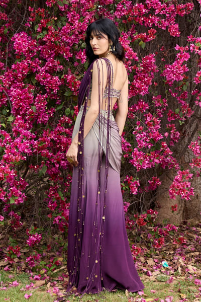 DiyaRajvvir Plum and grey ombre draped pant-sari set DIYAJUN26D147208