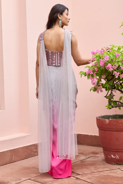 DiyaRajvvir Fuchsia pink and grey ombre drape skirt set DIYAJUN26D147211