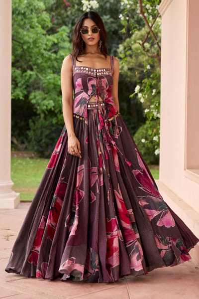 DiyaRajvvir Pink floral print embroidered lehenga set DIYAJUN26D147212