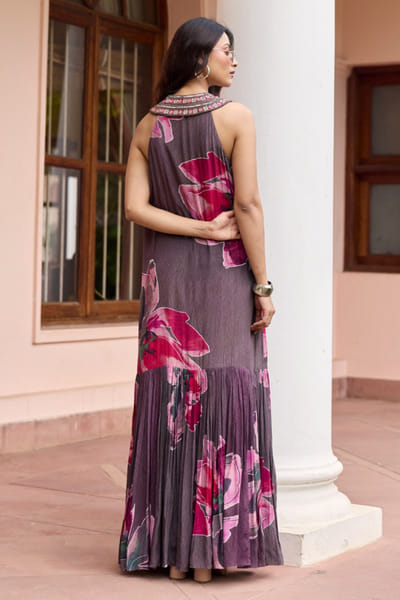 DiyaRajvvir Pink floral print embroidered maxi dress DIYAJUN26D147215