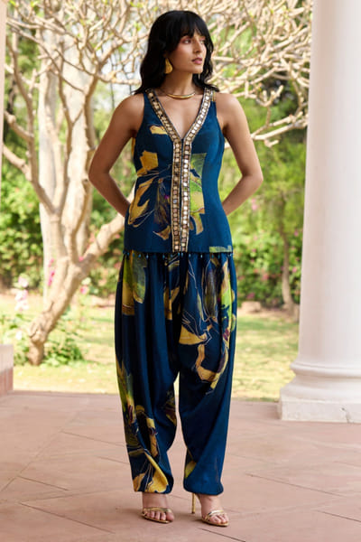 DiyaRajvvir Navy blue floral print embroidered dhoti set DIYAJUN26D147217